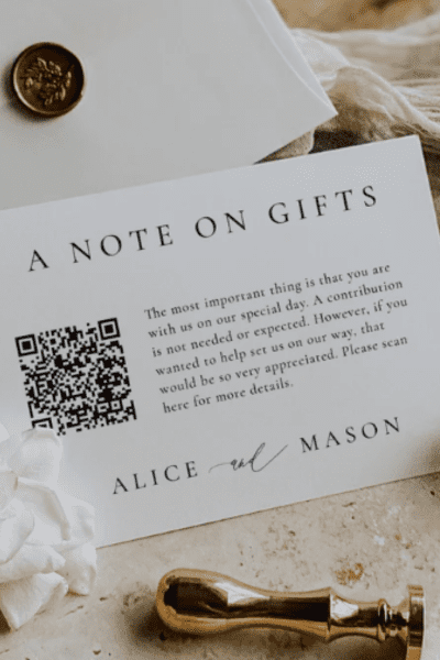 Classic Minimalist A Note on Gifts Insert, Honeymoon Fund with QR Code