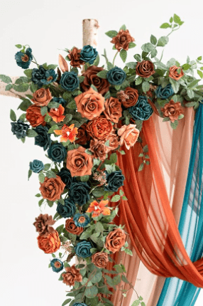 Ling’s Moment Teal Orange Fall Artificial Wedding Arch Flowers with Drapes Kit-Pack of 5, 2pcs Flower Arrangements 3pcs Hanging Sheer Drapes, Ceremony Arbor Reception Backdrop Floral Decorations