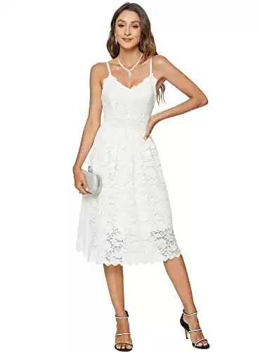 Riatobe Womens Lace Floral Overlay V Neck Sexy Sleeveless Cocktail Party Swing Wedding Dresses White