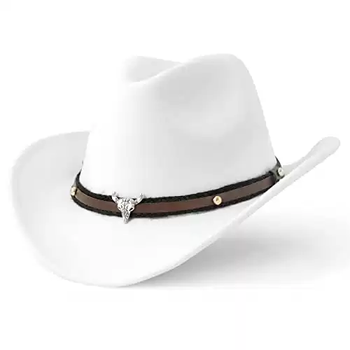 DOCILA White Cowboy Hat for Women Men Felt Cowgirl Hats Pinched Front Western Sombrero Vaquero Spring Texas Rodeo Outfit Accessories Adjustable Bull Belt Band