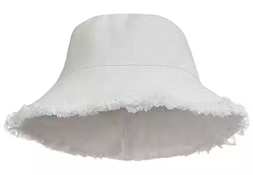Womens Bucket-Hat Distressed Sun-Protection Washed-Cotton - Summer Wide Brim Beach Cap(7 1/8 Size) (White 01)