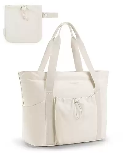 BAGSMART Women Foldable Tote Bag with Drawstring Storage Bag, Large Tote Bag for School Shoulder Bag Top Handle Handbag for Travel, Work, Beach, Gym, Shop, (Beige)