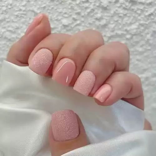 Short Square Fake Nails Nude Pink Press on Nails with Peach Fuzz Glitter Full Cover Cute Designs Acrylic False Nails Artificial Glue on Nails for Women and Girls 24 Pcs Nail Accessories