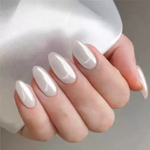 Translucent Pearl White Chrome Press on Nails Medium Almond,KQueenest Ice Iridescent Stiletto Fake Acrylic Nails With Holographic Mirror Effect,Cute Glue on Nails False Nails Press ons in24PCS