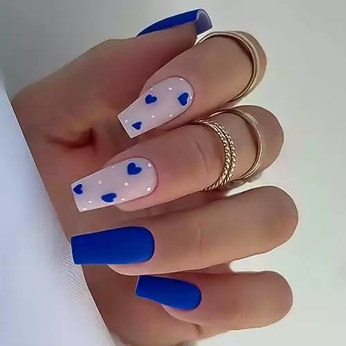 RikView Long Fake Nails Coffin Press on Nails with Hearts Design Blue Nails Matte Full Cover Nails for Women 24 PCs/Set