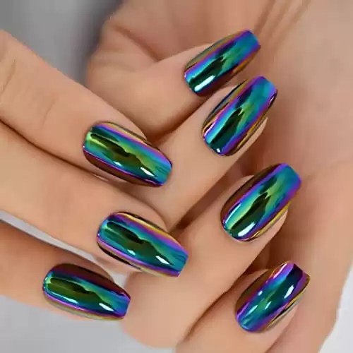 iBeautying Press on Nails - Chrome Magic Mirror Effect Green Purple Holo False Nails | Metallic Punk Medium Coffin Reusable Wear Fake Nails in 10 Sizes - 24 Nail Kit with Jelly Glue Pad