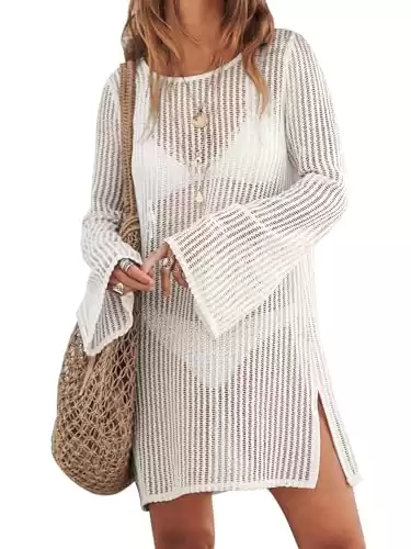 ANRABESS Women Swimsuit Cover Up 2024 Summer Knit Long Sleeve Crochet Swim Bathing Suit Pool Coverups Short Mesh Swimwear Beach Dress Spring White Vacation Travel Outfits Fashion ClothesA1463mibai-S