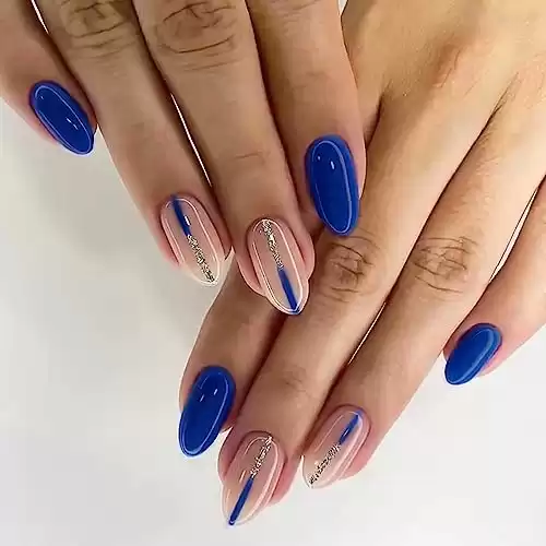 RikView Almond Press on Nails Medium Fake Nails Blue Nails Glossy Nails for Women 24 PCs/Set