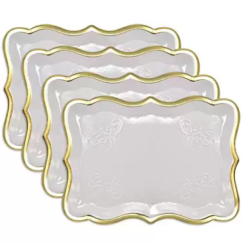 10 White Rectangle Trays with Gold Rim Border for Dessert Display Table Parties 9" X 13" Disposable