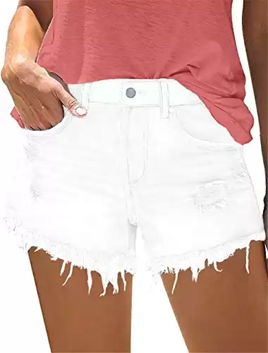 MODARANI Boyfriend Jean Shorts for Women Distressed Frayed Denim Shorts White Cut Off Worn Shorts S