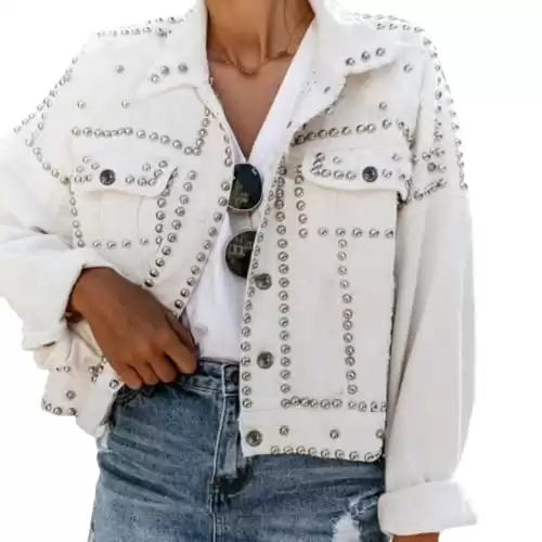 PUWEI Dressy Rivet Studded Denim Jacket for Women Western Distressed Washed Crop Jean Coat(2492-White-XXL)