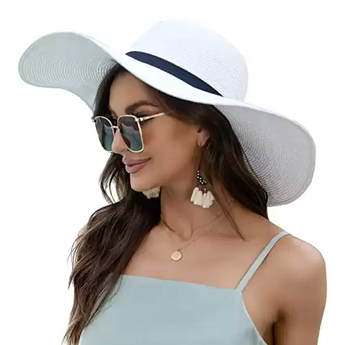 Naivlizer Women Wide Brim Sun Hat UPF50 Straw Summer Hat Floppy Beach Hat Roll-Up,Tie White