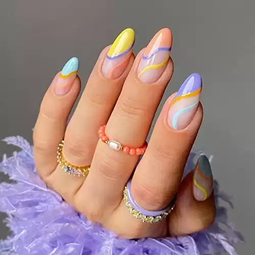 24 Pcs Pride Press on Nails Medium, Sunjasmine Fake Nails Almond Glue on Nails, False Nails with Glue, Acrylic Nails for Women and Girls (Colorful Swirl)