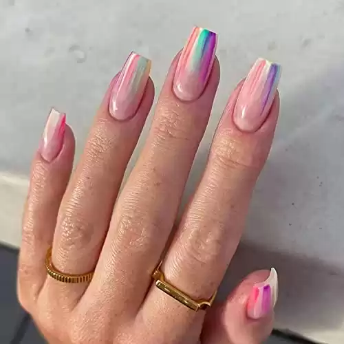 Medium Rainbow Color Press On Nails Square, Coffin Shape Full Cover Reusable False Nails with Glue Stick On Nails with Glossy Designs, Artificial Fingernails Acrylic Fake Nails for Women Glue On Nails