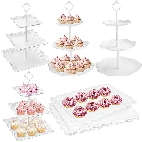 10 Pcs Cake Stand White Plastic Dessert Table Set 4 3 Tier Display Stands Cookie Tray for Wedding