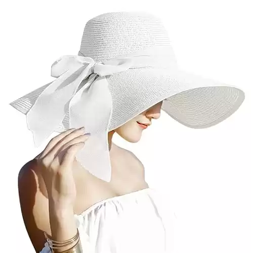 Lanzom Womens 5.5 Inches Big Bowknot Straw Hat Large Floppy Foldable Roll up Beach Cap Sun Hat UPF 50+ Fit Size 6 8/7-7 1/4(White)