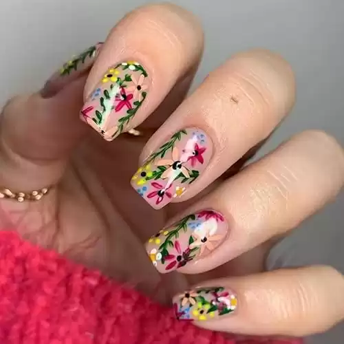 24 PCS Colorful Flowers Press on Nails Medium Square Fake Nails Colorful Daisy Full Cover False Nails with Flower and Willow Leaf Designs Glossy Artificial Acrylic Nails for Women Girls Manicure DI...