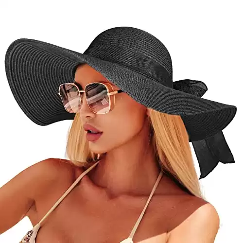 Beach Hats for Women, Straw Sun Hat with Wide Brim, Summer Floppy Beach Hats for Women, Packable Floppy Straw Garden Hat Black