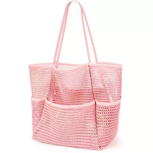 KPX Mesh Beach Bag, Tote Bag for Women Large Foldable Mesh Swimming Bag with Pockets - Sandproof, Waterproof (Pink-Style2)