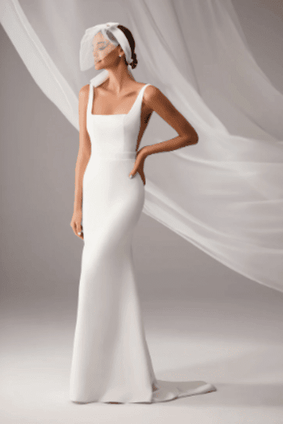 Minimalist square neck crepe wedding Open back dress