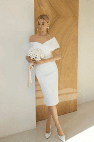 Off-Shoulder Bridal Gown, Knee-Length Wedding Dress