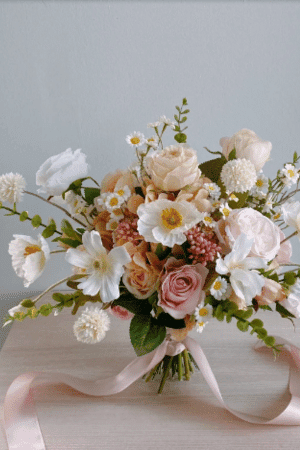 Peach and White Wild Daisy Flower Silk Flower Bouquet, Bridal Bouquet