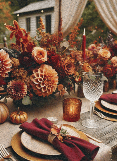 fall in love bridal shower centerpieces pumpkins dahlias leaves