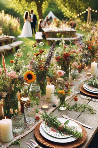 wildflower themed wedding decor table decor ceremony