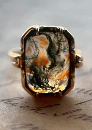 14K Moss Agate Ring, Gold Vintage Jewelry