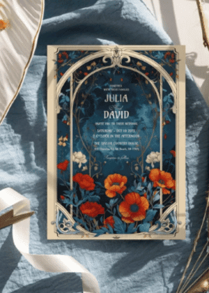 Burnt orange Navy blue Floral Fantasy wedding invite