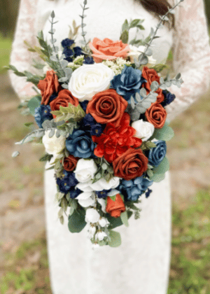 Cascade bouquet, Terracotta, slate blue, and Navy blue Fall wedding bouquet