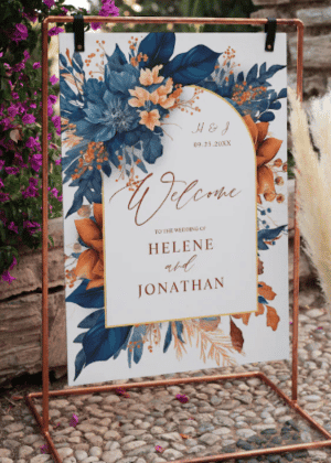 Elegant Navy Blue Rust Wedding Welcome Sign