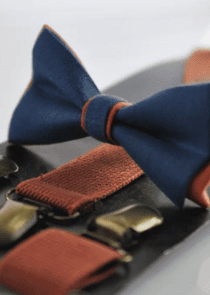 Navy Blue and Burnt Orange Linen Bow tie Bowtie + RUST Terracotta Suspenders