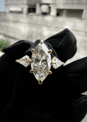 Side Kite Cut Three Stone Ring, Marquise Cut