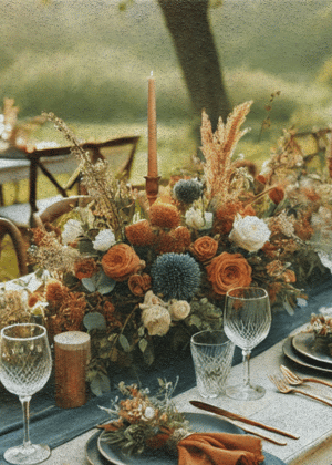 navy blue burnt orange terracotta fall wedding centerpieces