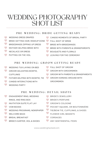 wedding day planning checklist photography list must have download printable