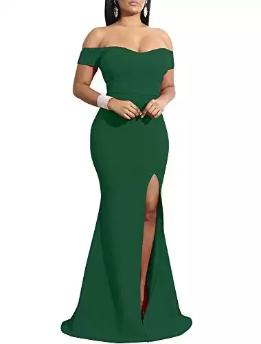 YMDUCH Women s Off Shoulder High Split Long Formal Party Dress Evening Gown Dark Green