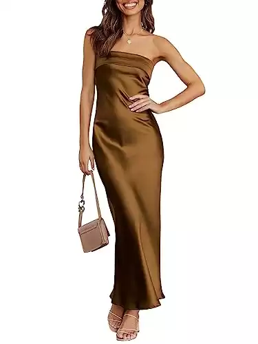 Caracilia Women Satin Formal Wedding Guest Maxi Dress Fall Backless Strapless Tube Backless Cocktail Party Homecoming Dresses Brown X-Small