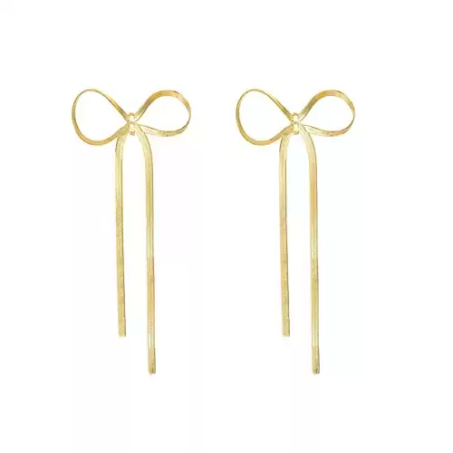 LOKLIFFAI 925 Sterling Silver Bow Drop Dangle Earrings for Women Girls Long Tassel Chain Earrings Wedding Statement Jewelry (gold)