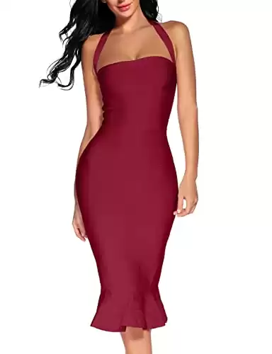 Women's Bandage Dress Sexy Halter Fishtail Bodycon Holiday Party Club Wedding Guest Dress (Wine, L)