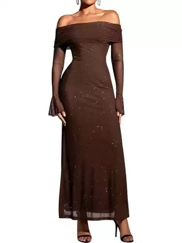 KUTUMAI Women Off Shoulder Bodycon Maxi Dress Long Sleeve Mesh Ruched Party Formal Wedding Guest Dresses Sequin Brown L