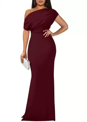 YMDUCH Women's Elegant Sleeveless Off Shoulder Bodycon Long Formal Party Evening Dress WineRed