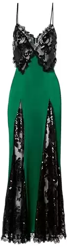 Green Silk and Black Sequin Dress with Godet and Lace Ruffle, 4, Green