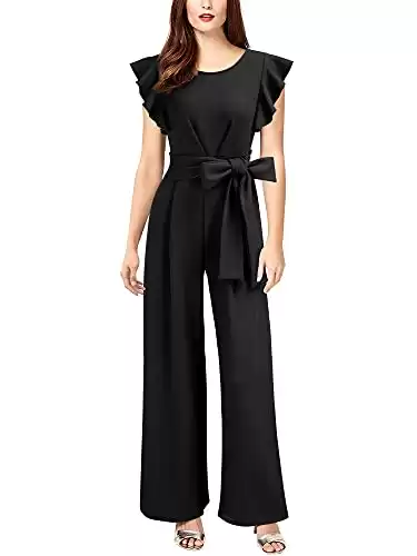 Sleeveless Ruffle High Waist Wide Leg Romper Formal Long Jumpsuit with Belt