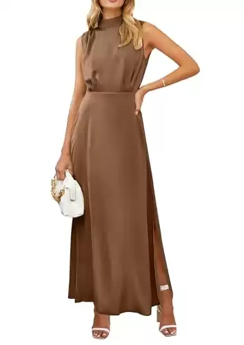 PRETTYGARDEN Women's Long Formal Satin Dress Mock Neck Sleeveless Side Slit Flowy Maxi Tank Dresses (Brown,Large)