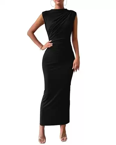 BTFBM Women's Ruched Bodycon Dress Summer Casual Sleeveless Back Slit Elegant Club Evening Party Cocktail Maxi Dresses(Solid Black, Large)