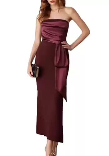 GRACE KARIN Women's 2024 Satin Strapless Dress Color Block Bodycon Party Dress with Side Slit Wine Red