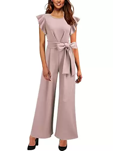 Knitee Women's Vintage Sleeveless Ruffle High Waist Wide Leg Romper Formal Long Jumpsuit with Belt (Pink, Small)