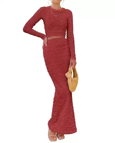 2 Piece Long Sleeve Bodycon Ruched Mermaid Maxi Skirt Set