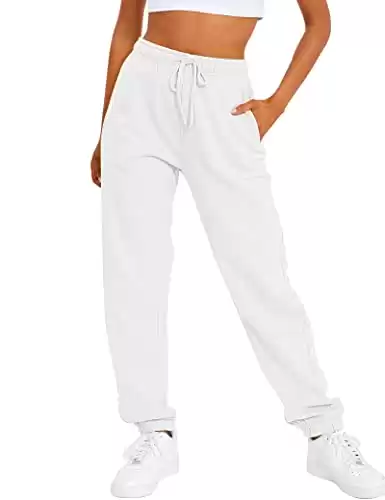 AUTOMET Women’s Winter Fleece Lined Sweatpants Baggy Cinch Bottom Lounge Pants Drawstring Casual Athletic Joggers with Pockets White